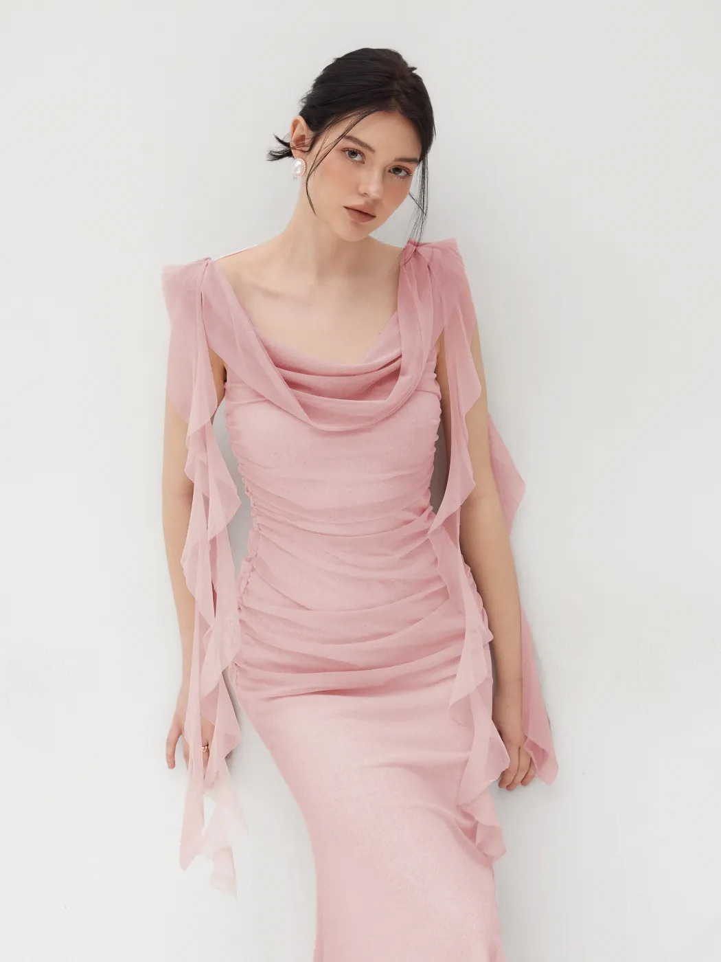Ariadne Spliced Ruffled Slim Mesh Maxi Dress