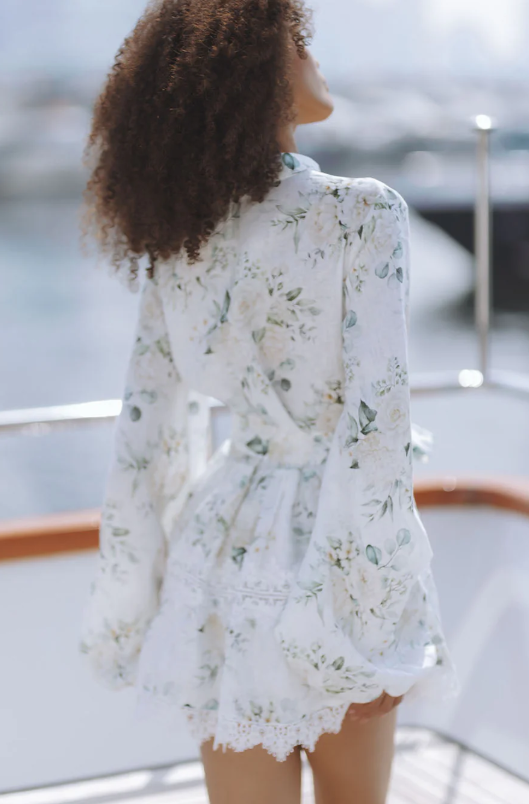 Alaya Printed Pleated Long-Sleeve Short Dress