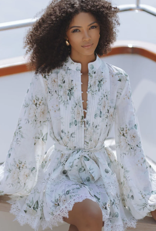 Alaya Printed Pleated Long-Sleeve Short Dress