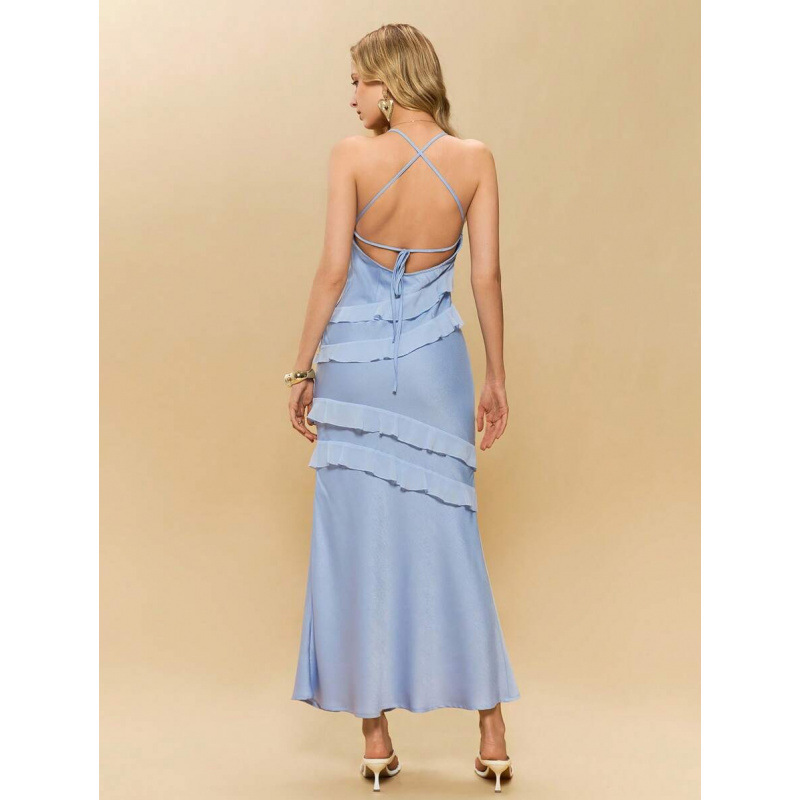Ava Aurora Spliced Ruffled Slim Mesh Maxi Dress