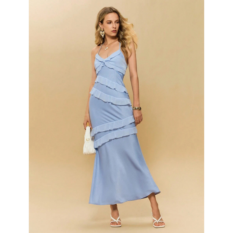 Ava Aurora Spliced Ruffled Slim Mesh Maxi Dress