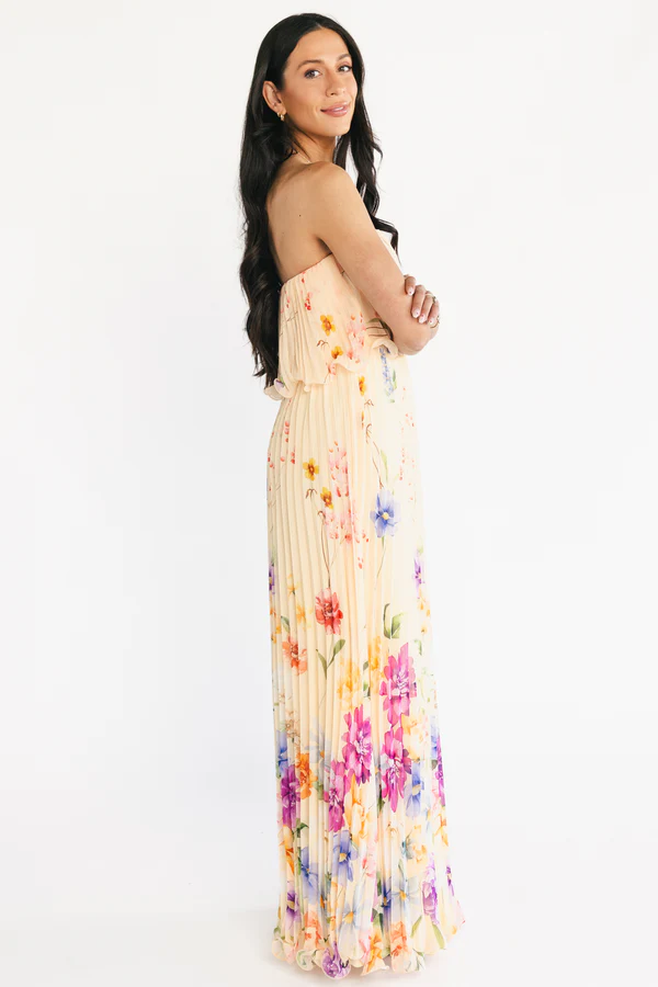 Ariana Floral Strapless Ruched Maxi Dress