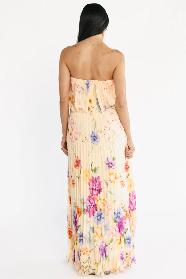 Ariana Floral Strapless Ruched Maxi Dress