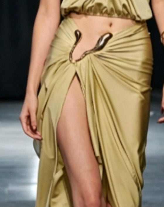 Aria Halter High Slit Draped Maxi Dress In Green