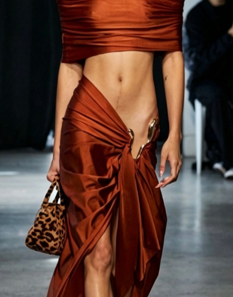 Aria Halter High Slit Draped Maxi Dress In Mahogany