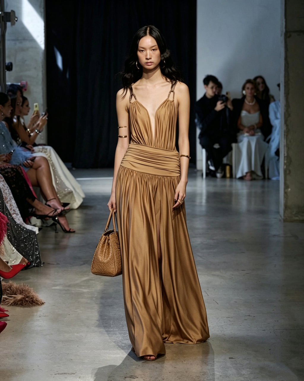 Aria Deep V Pleated Satin Maxi Dress