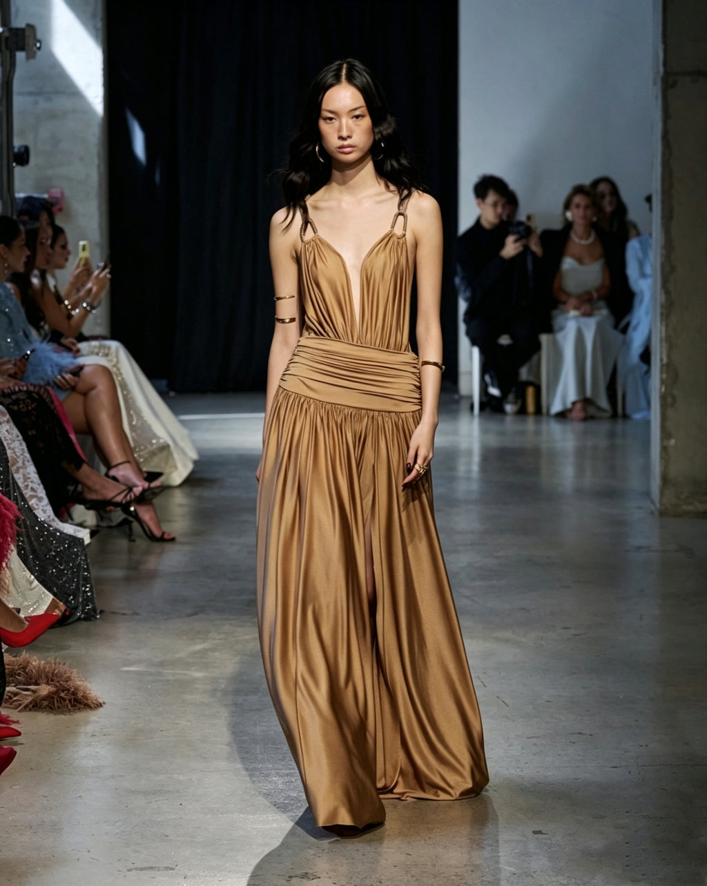 Aria Deep V Pleated Satin Maxi Dress