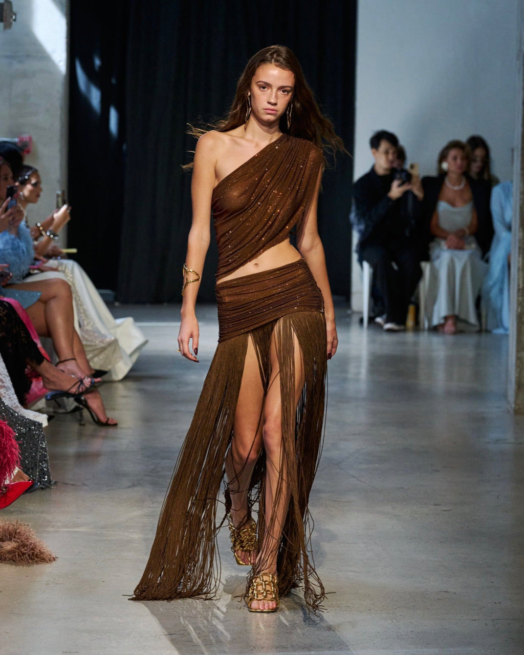 Joyce One-Shoulder Draped Fringe Maxi Gown