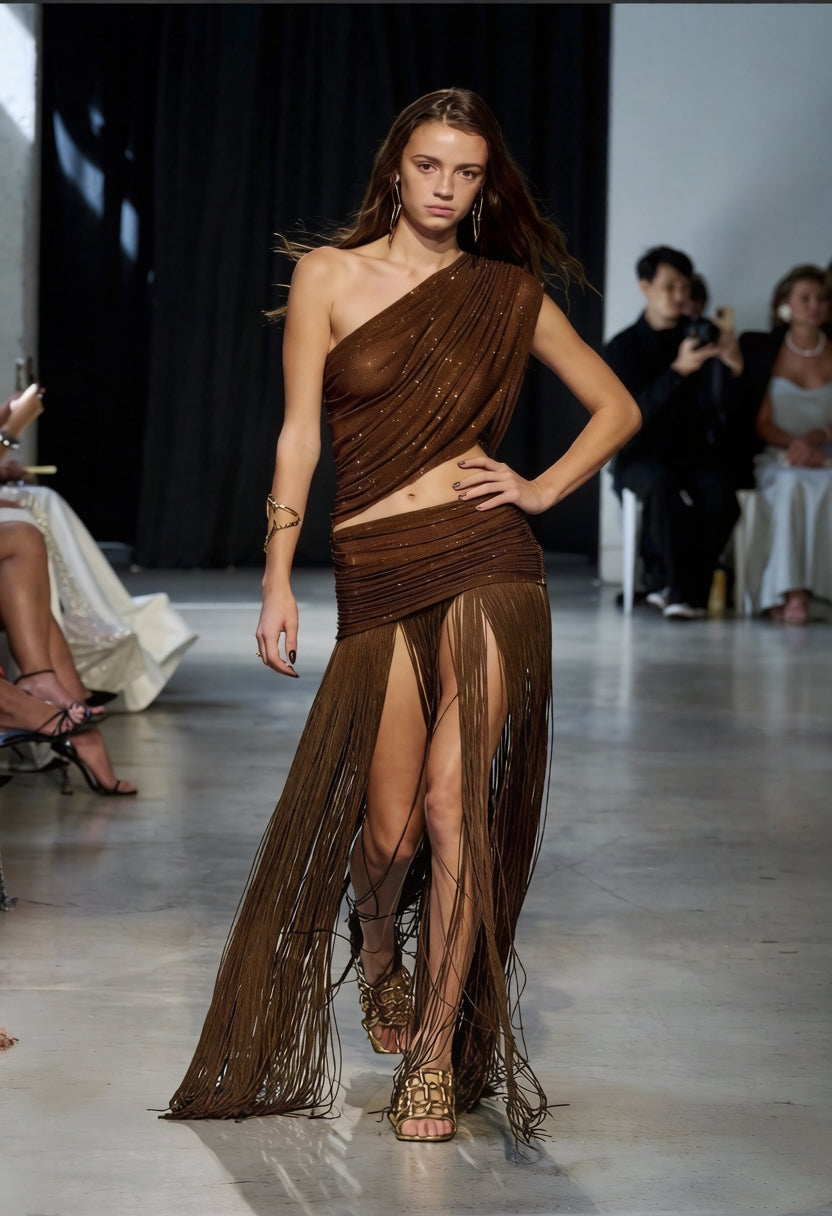 Joyce One-Shoulder Draped Fringe Maxi Gown