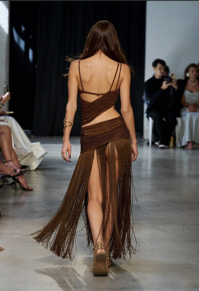 Joyce One-Shoulder Draped Fringe Maxi Gown