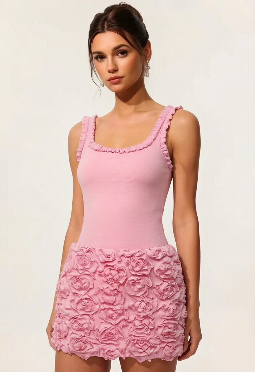 Emily Cami 3D Flower Slim Hip-Hugging Mini Dress In Pink