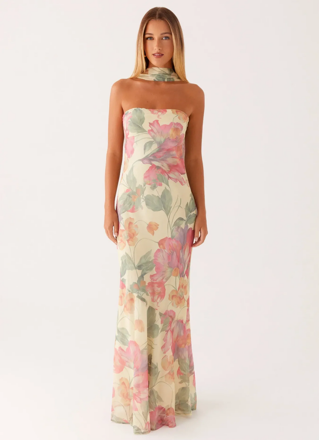 Astrid Strapless Print Maxi Dress With Scarf Collar