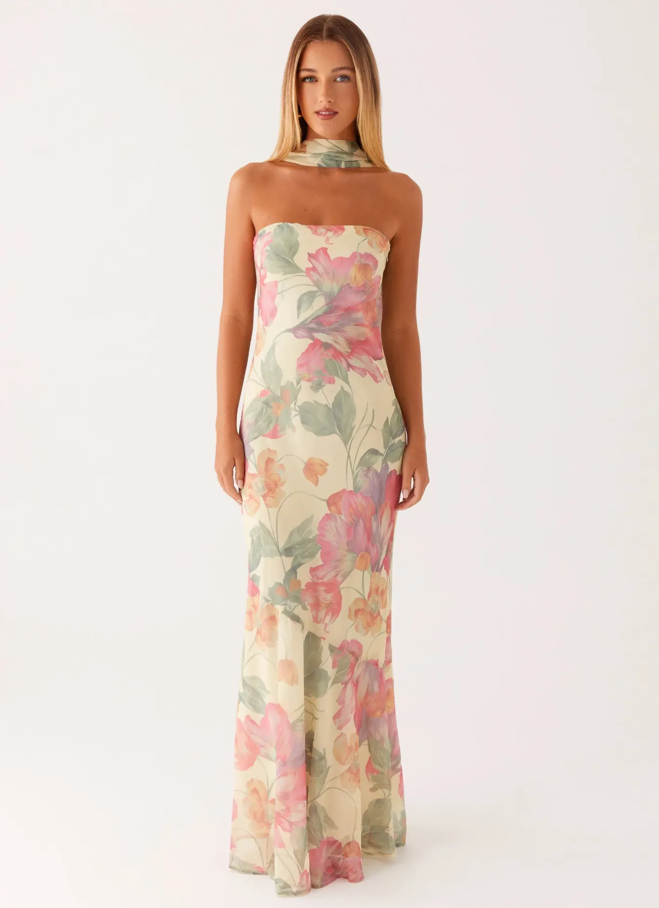 Astrid Strapless Print Maxi Dress With Scarf Collar