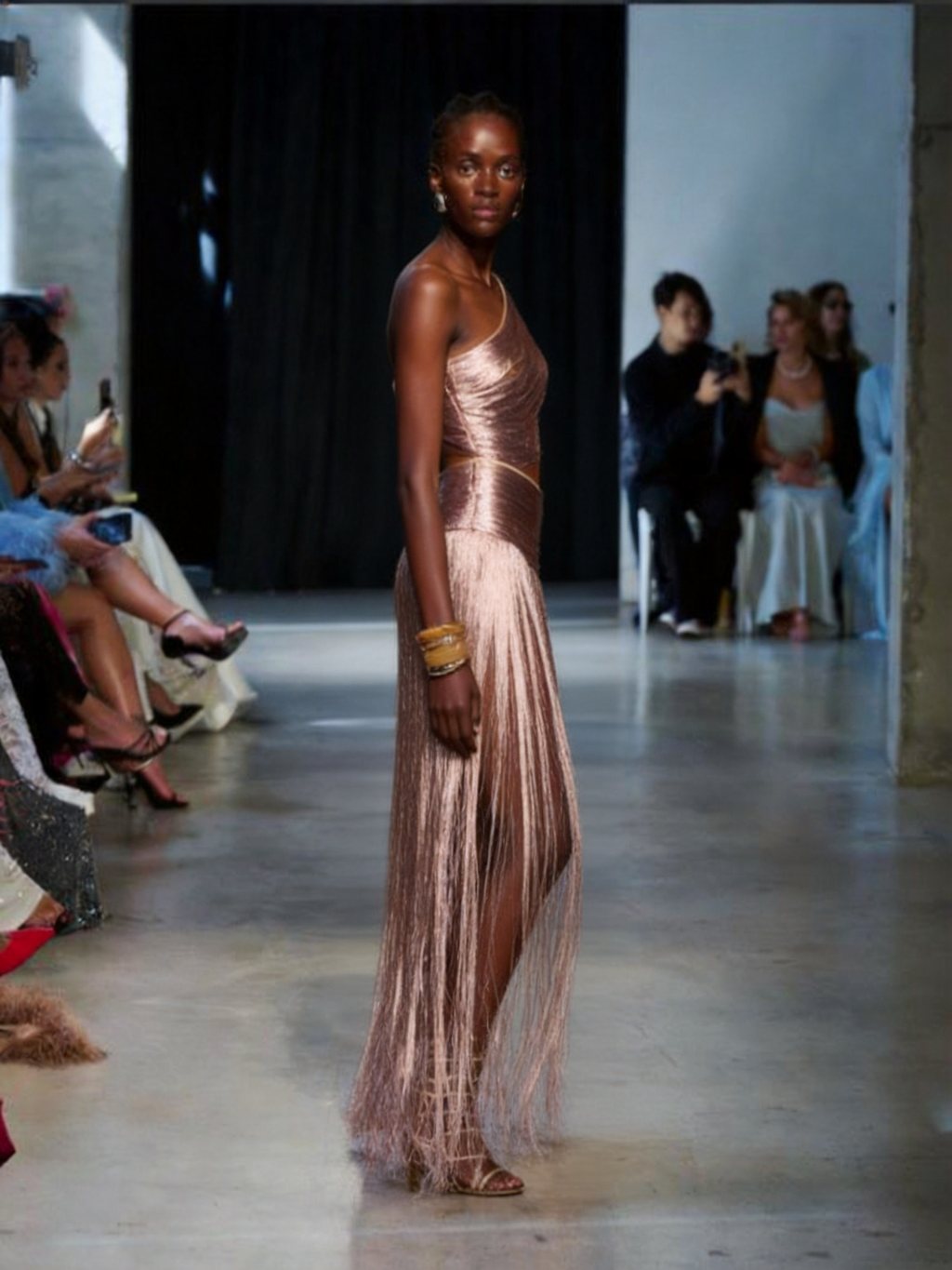 Diana Metallic Asymmetrical Fringe Evening Gown