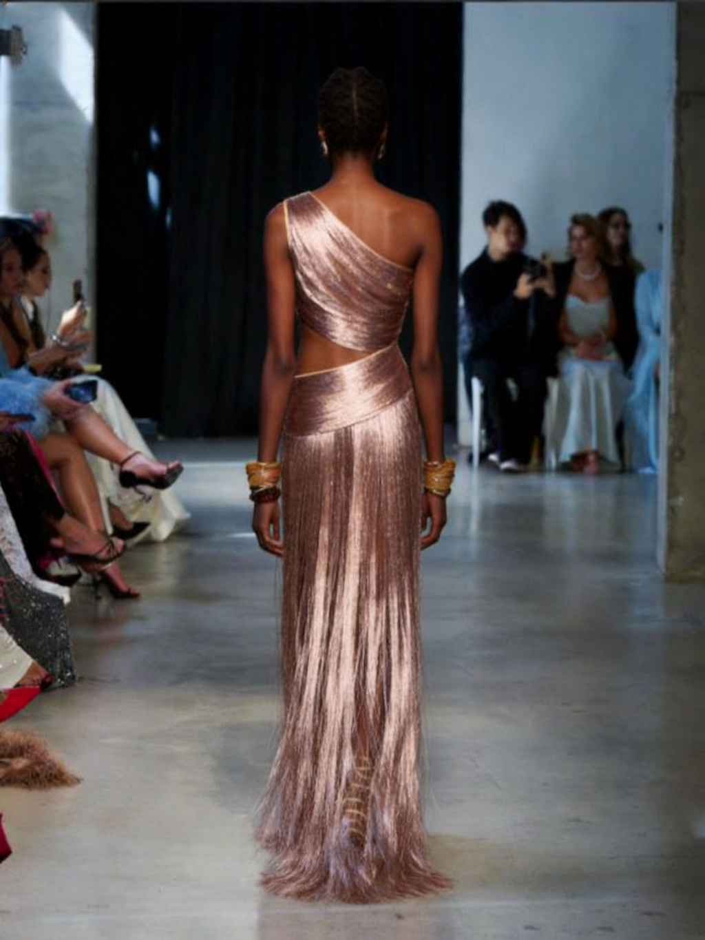Diana Metallic Asymmetrical Fringe Evening Gown