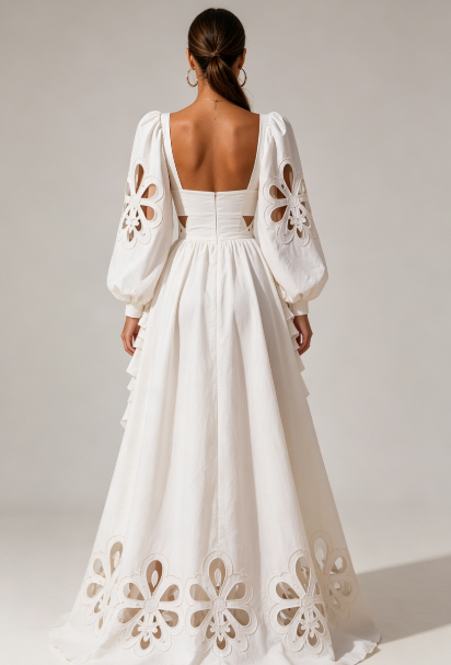 Magdalena Sweetheart Puff Sleeve Cutwork Gown