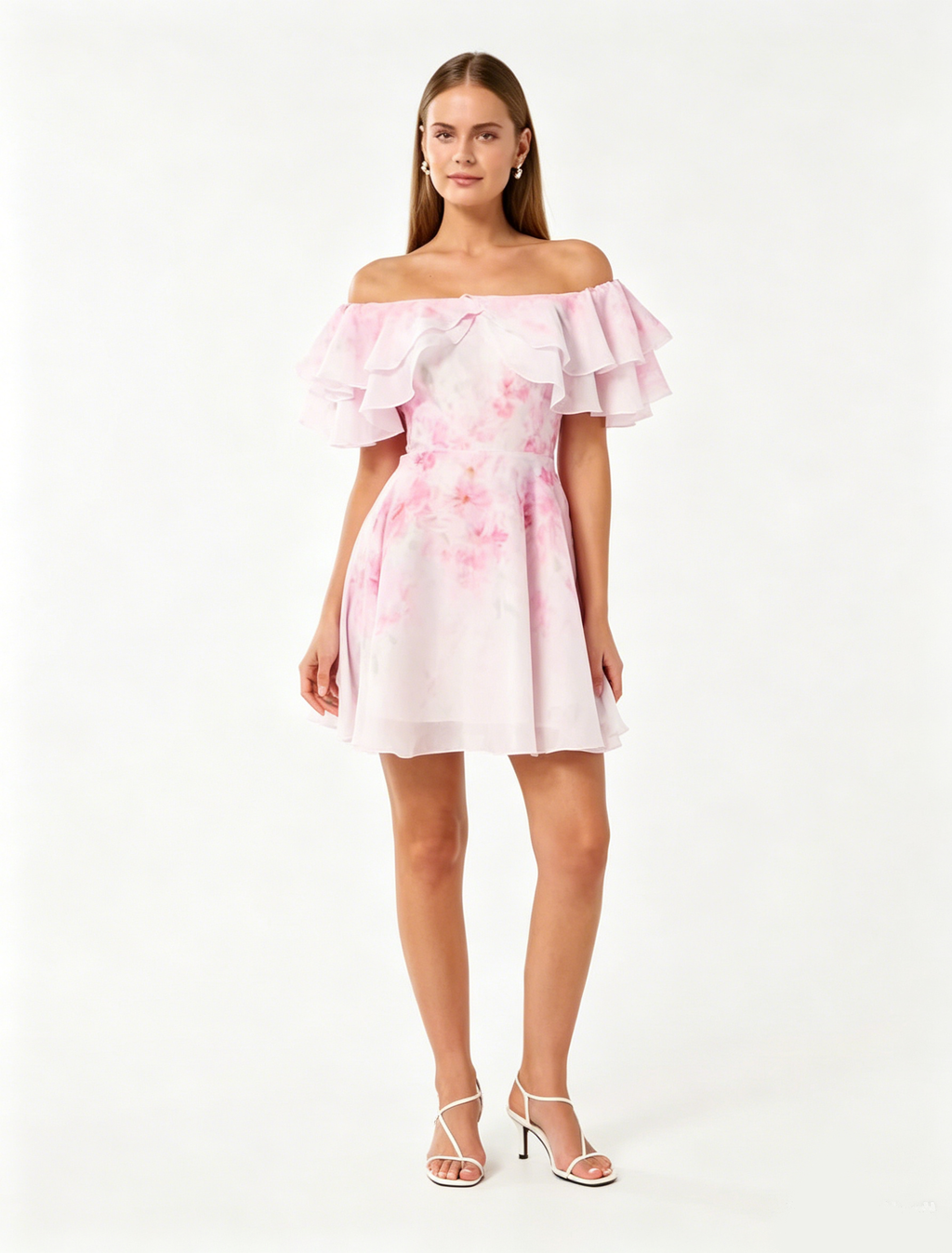 Anika Off-Shoulder Ruffled Print Mini Dress