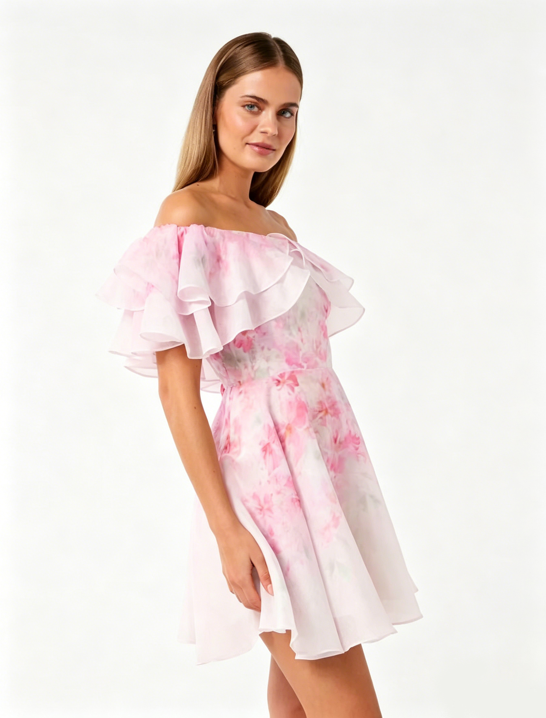 Anika Off-Shoulder Ruffled Print Mini Dress