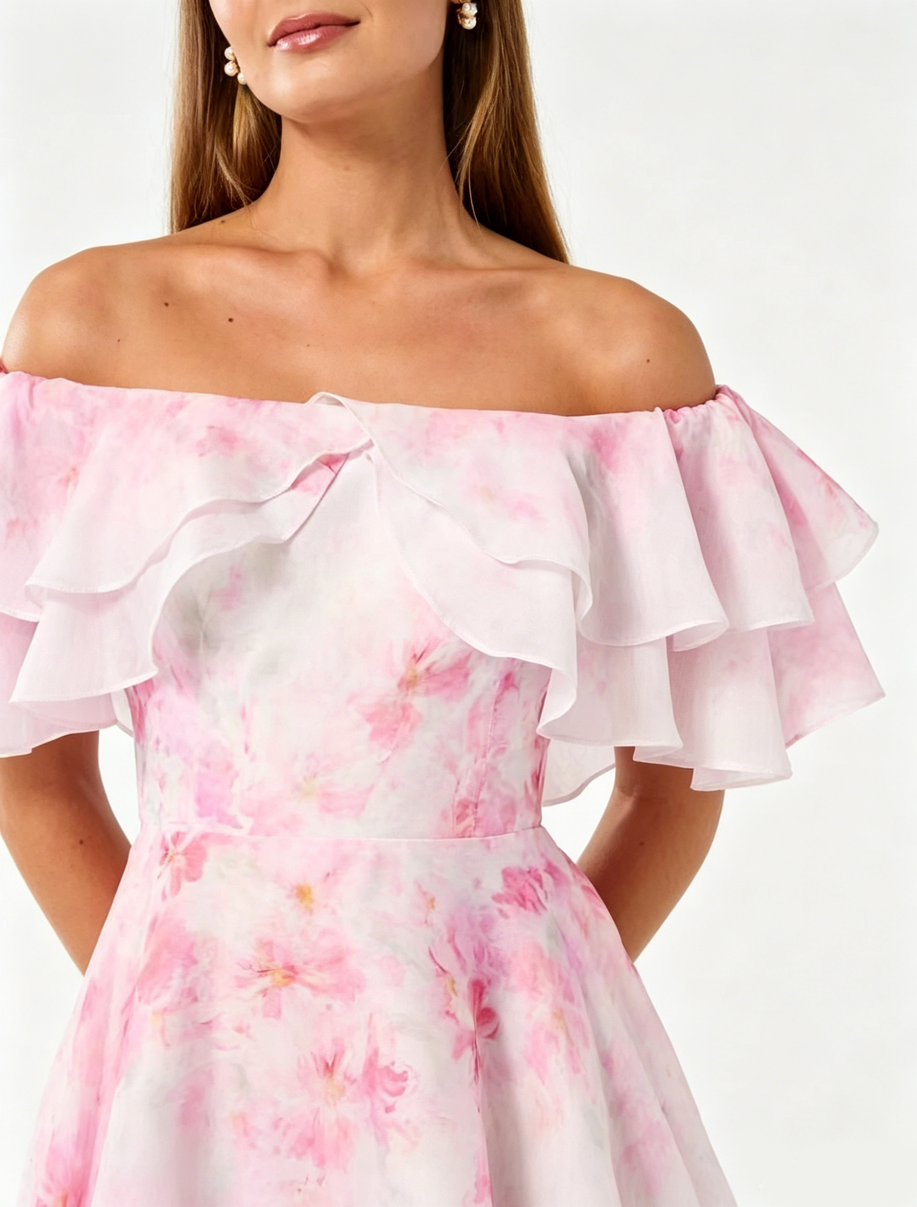 Anika Off-Shoulder Ruffled Print Mini Dress