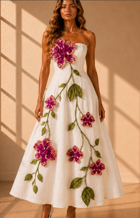 Ophelia Strapless Botanical Embroidered A-Line Dress