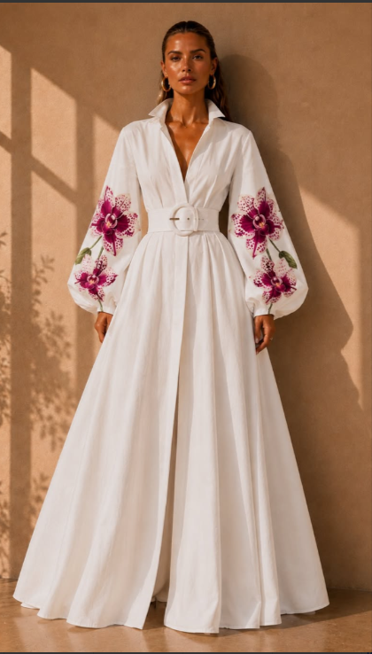 Stella Shirt Dress with Floral Embroidered Puff Sleeves