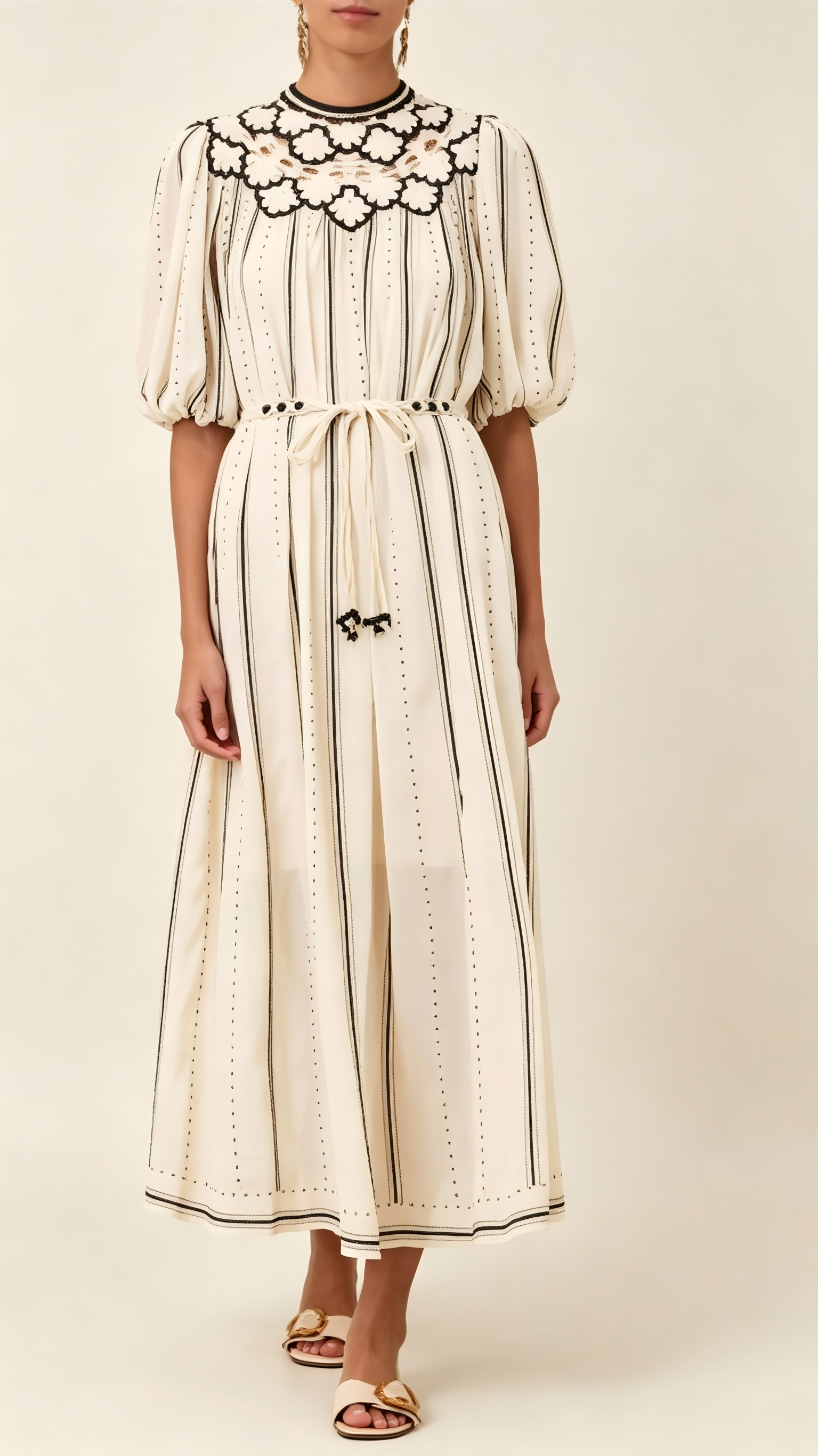Ruby Puff Sleeve Embroidered Striped Casual Dress