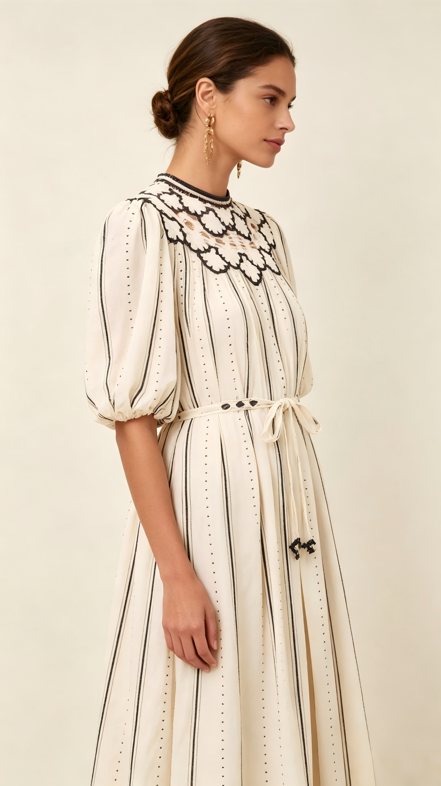 Ruby Puff Sleeve Embroidered Striped Casual Dress