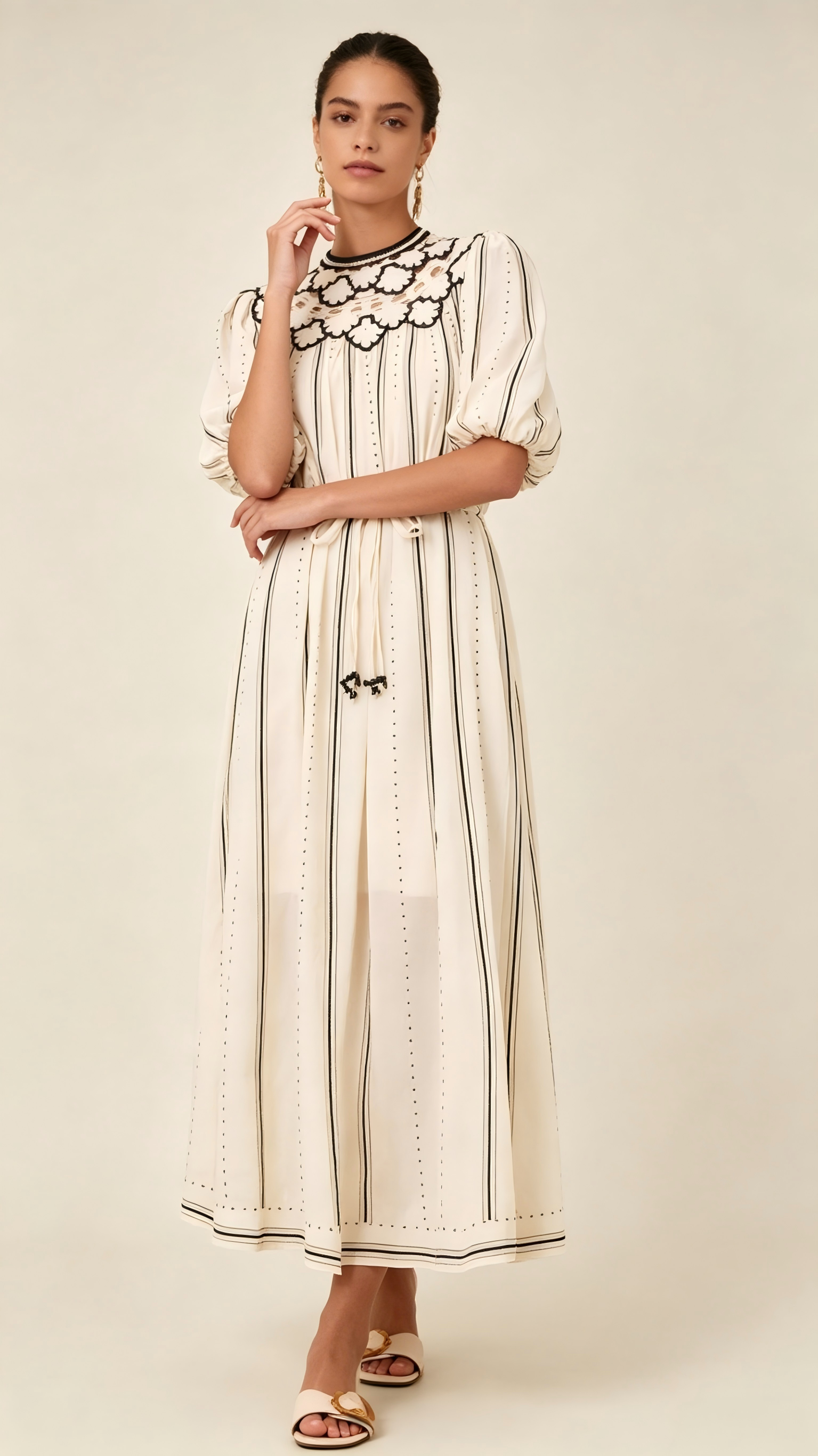 Ruby Puff Sleeve Embroidered Striped Casual Dress