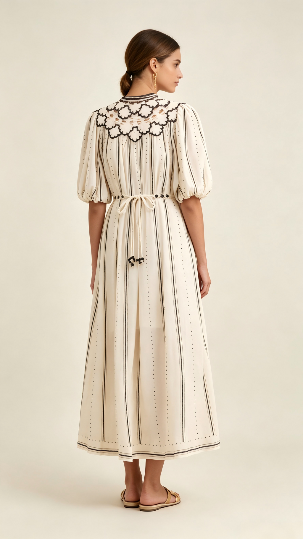Ruby Puff Sleeve Embroidered Striped Casual Dress