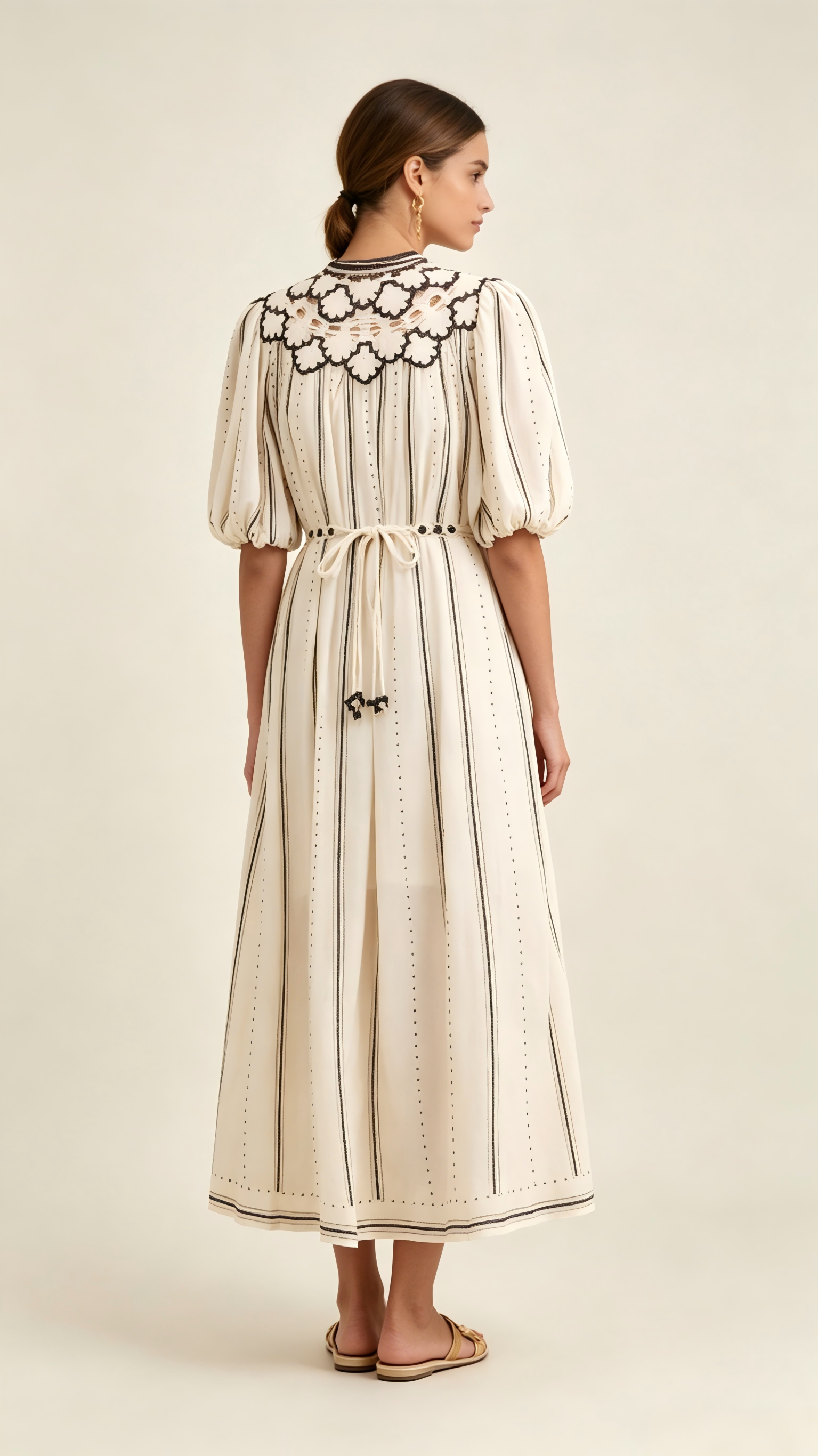 Ruby Puff Sleeve Embroidered Striped Casual Dress