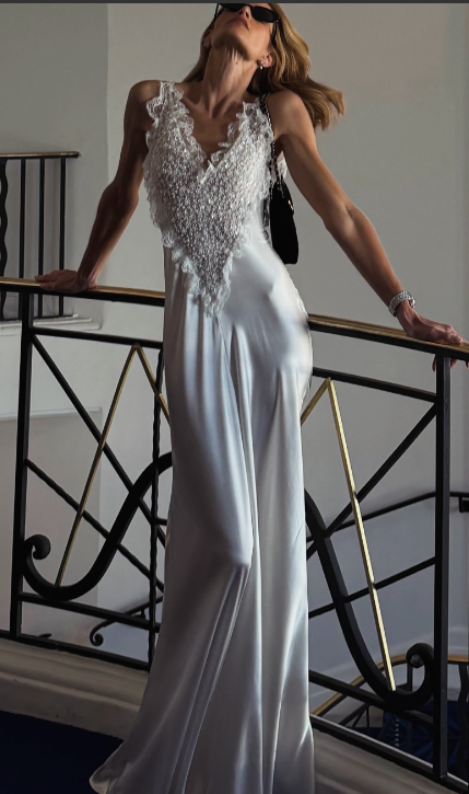 Esme Beaded Lace V-Neck Satin Maxi Gown