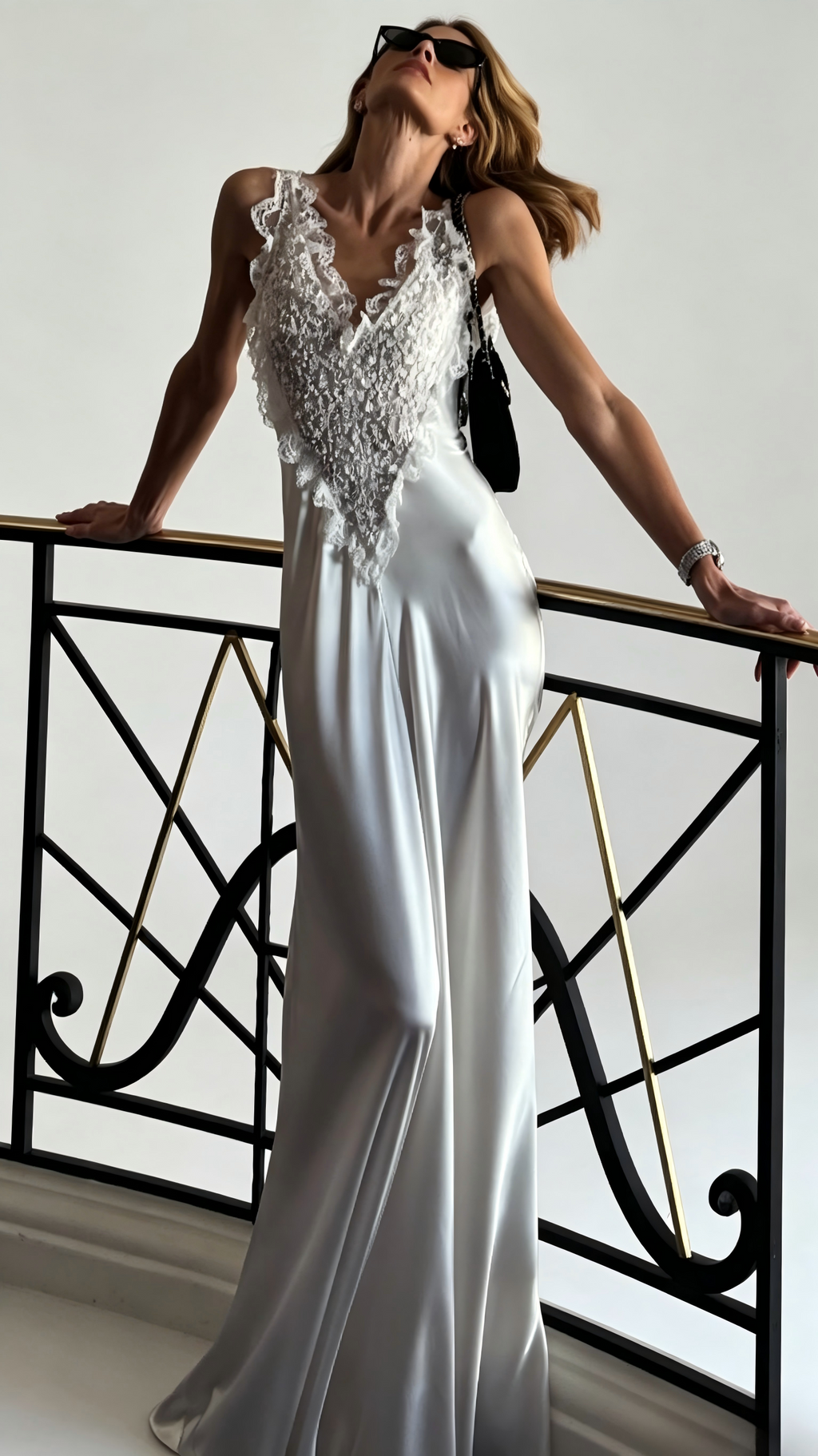 Esme Beaded Lace V-Neck Satin Maxi Gown