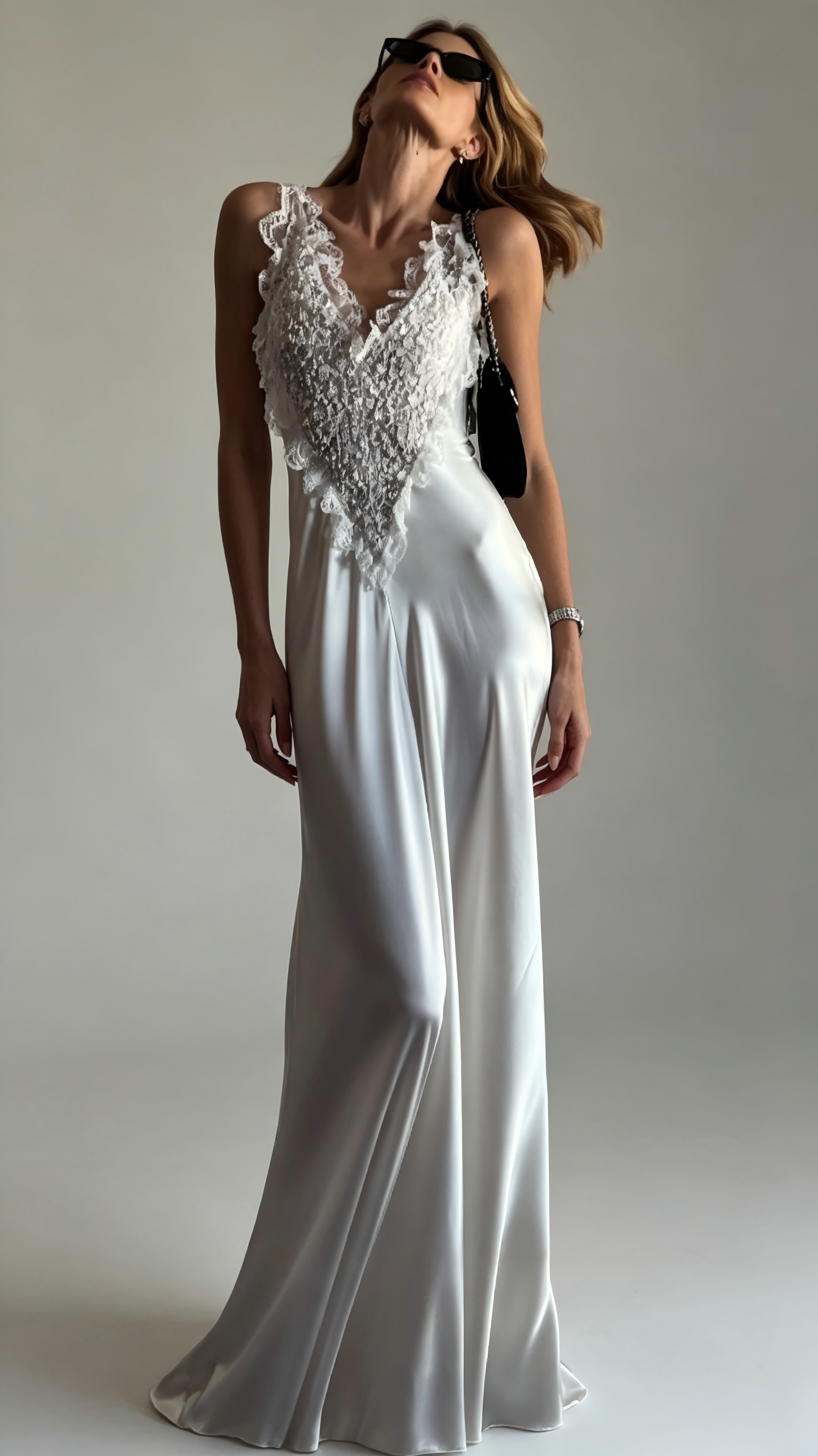 Esme Beaded Lace V-Neck Satin Maxi Gown