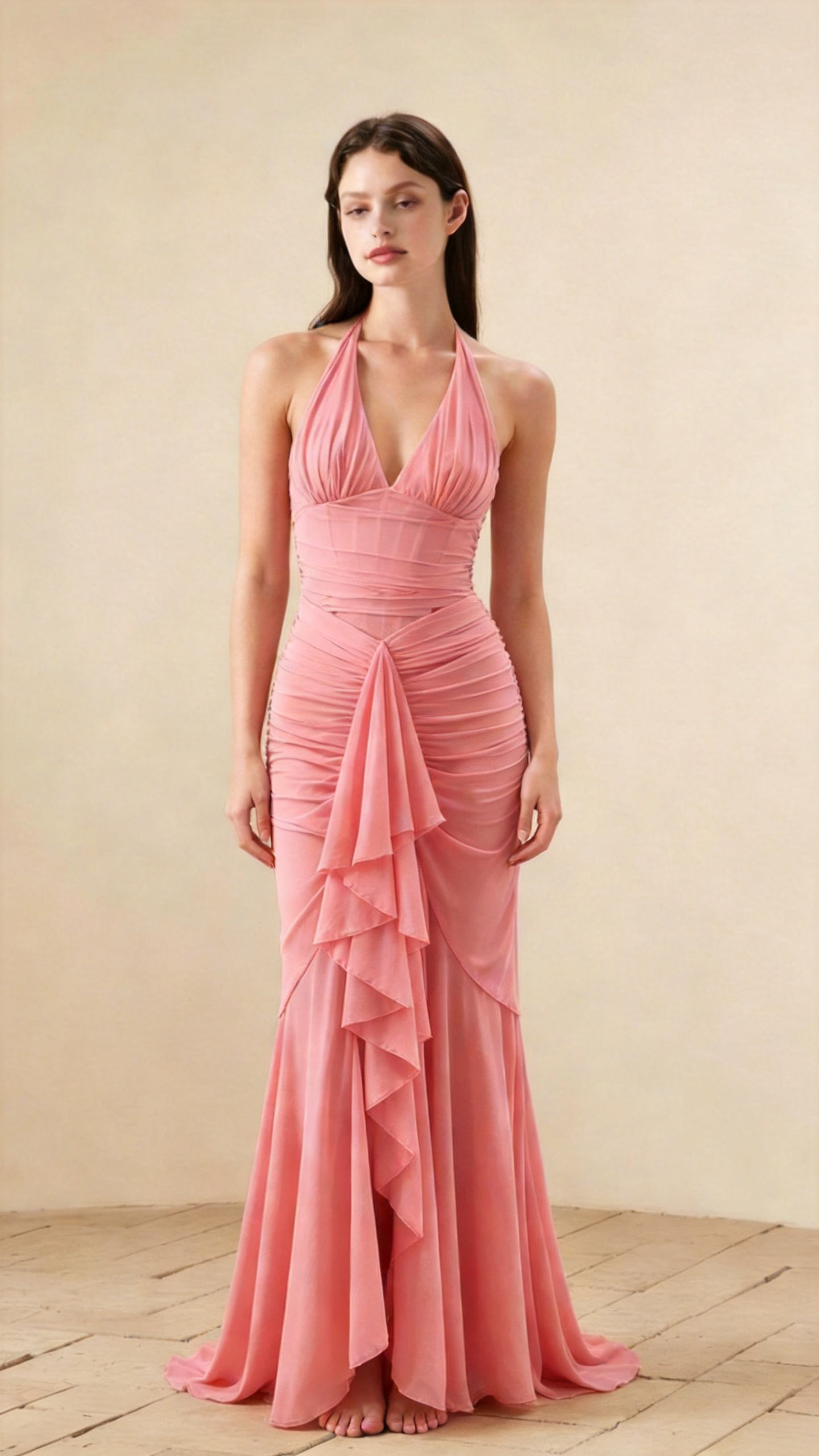 Dahlia Halter Ruched Mermaid Maxi Dress In Pink