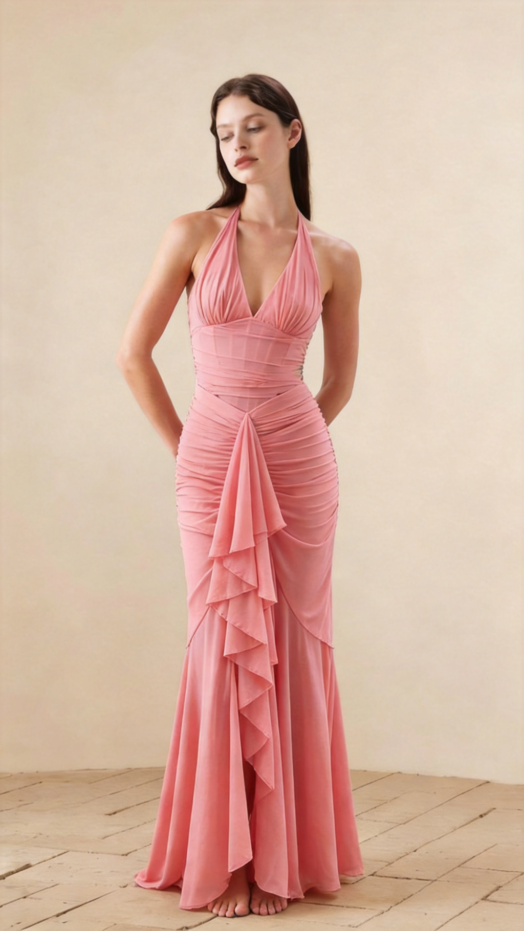 Dahlia Halter Ruched Mermaid Maxi Dress In Pink