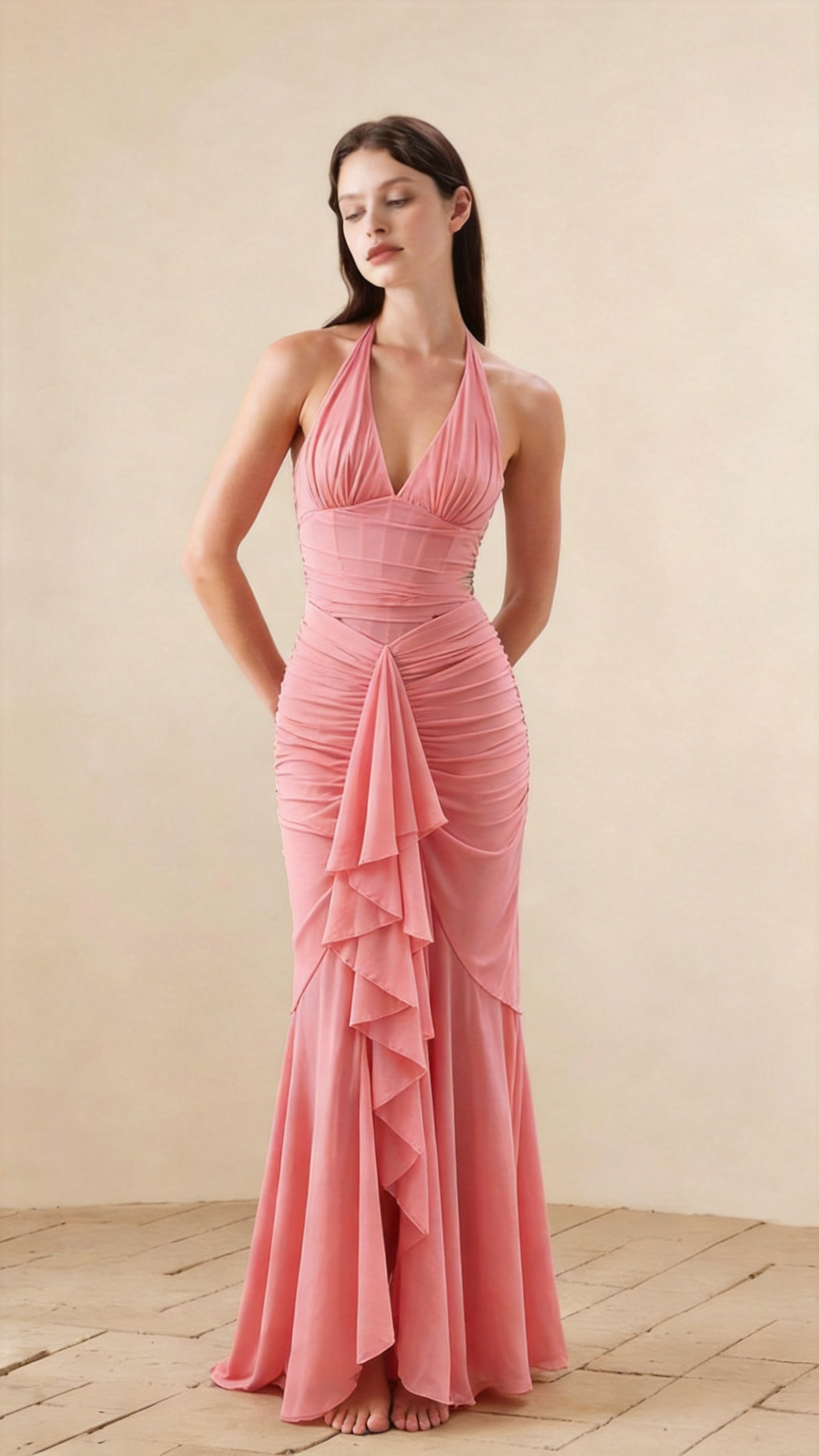 Dahlia Halter Ruched Mermaid Maxi Dress In Pink