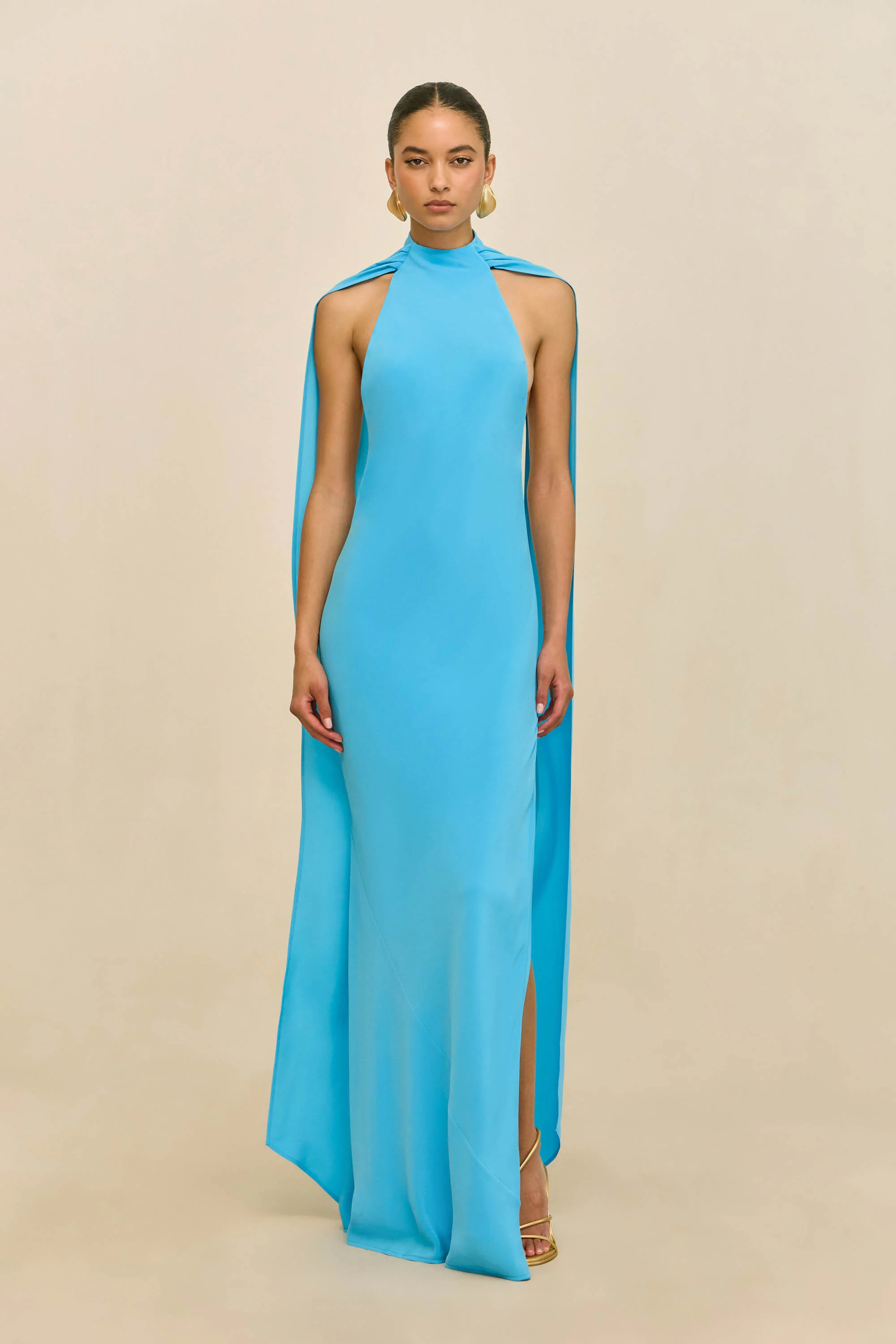 Danika Halter Ribbon Backless Split Maxi Dress In Blue