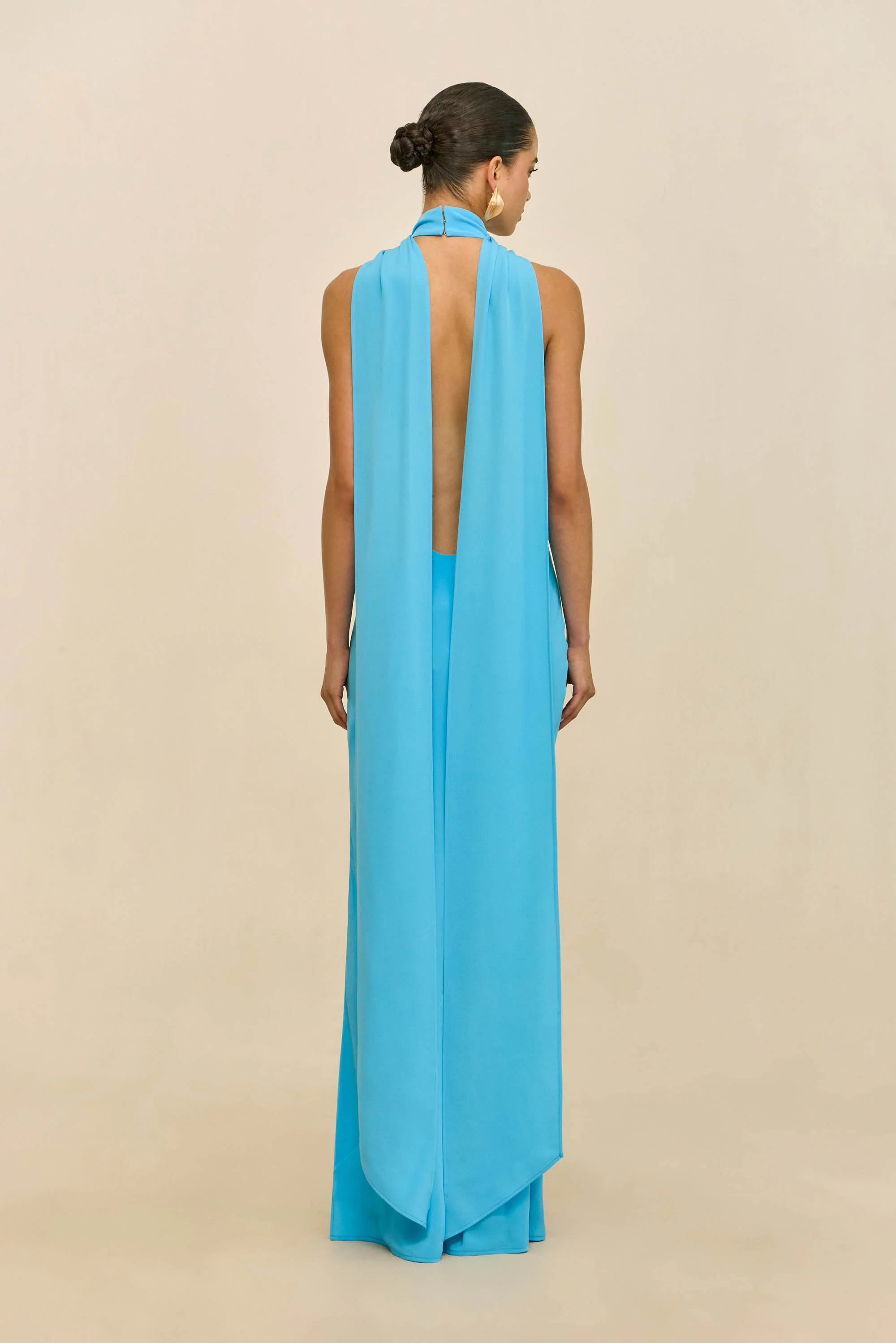 Danika Halter Ribbon Backless Split Maxi Dress In Blue