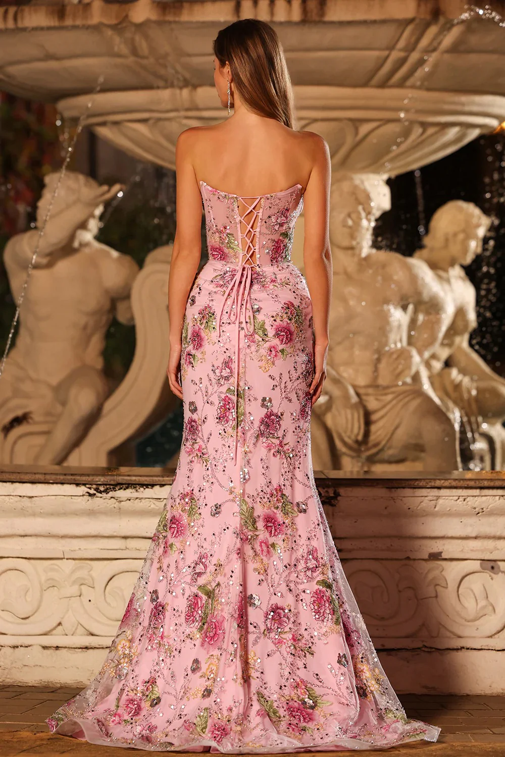Elena Floral Lace Boned Hip-Hugging Maxi Dress In Pink