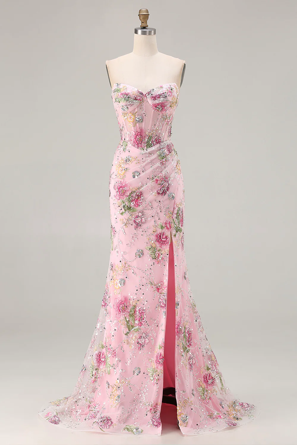 Elena Floral Lace Boned Hip-Hugging Maxi Dress In Pink
