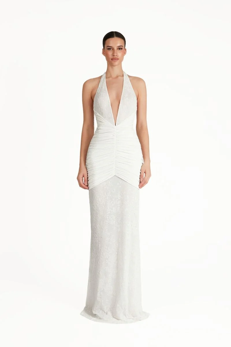Eliana V-neck  Ruched Hip-Hugging Maxi Dress In White