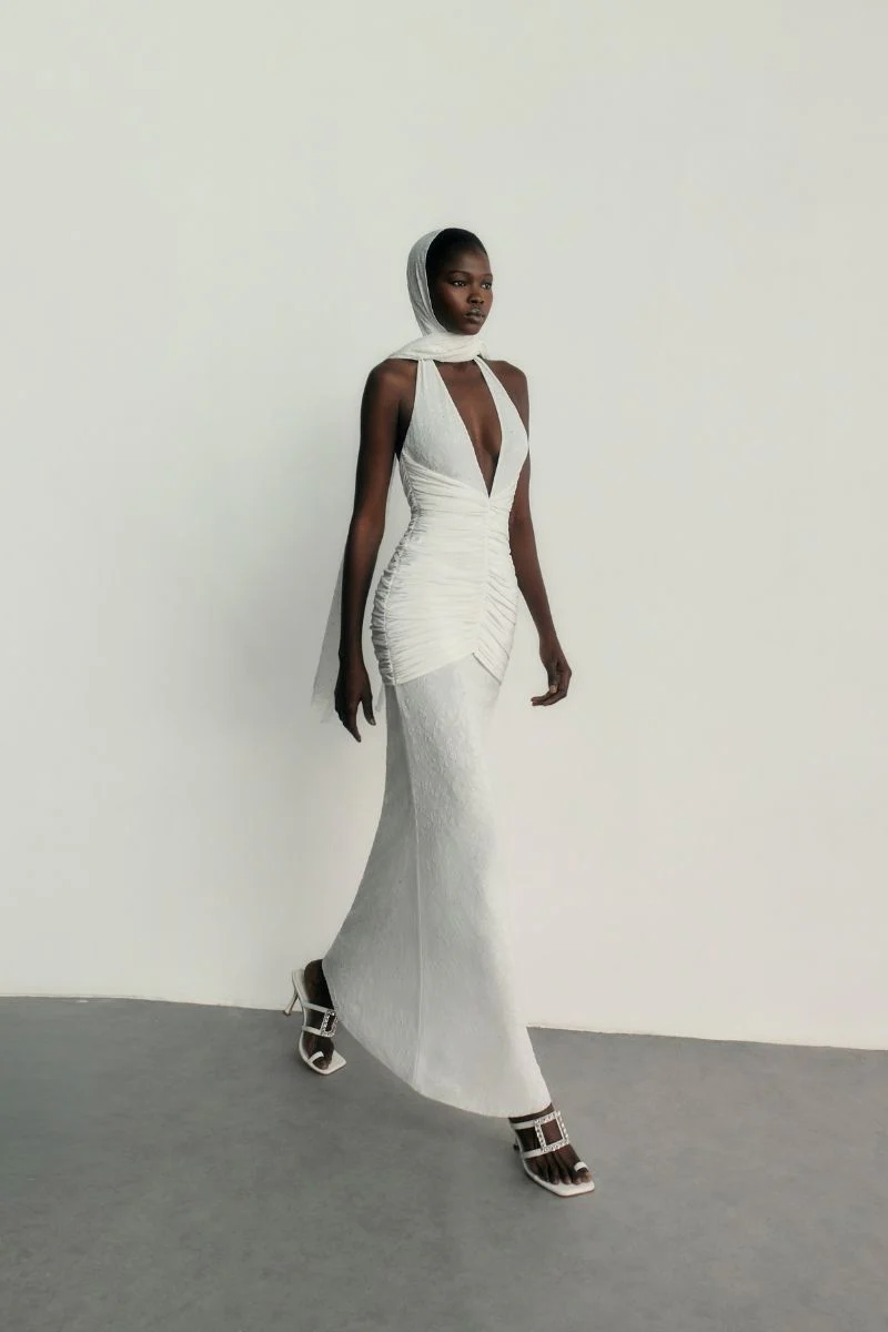 Eliana V-neck  Ruched Hip-Hugging Maxi Dress In White