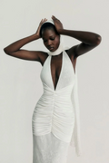 Eliana V-neck  Ruched Hip-Hugging Maxi Dress In White