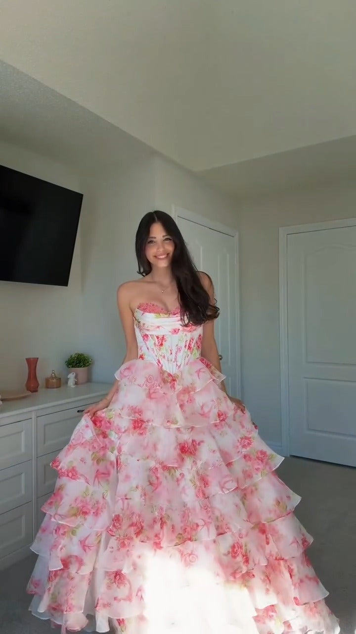 Fiona Print Strapless Split Puff Maxi Dress In Pink