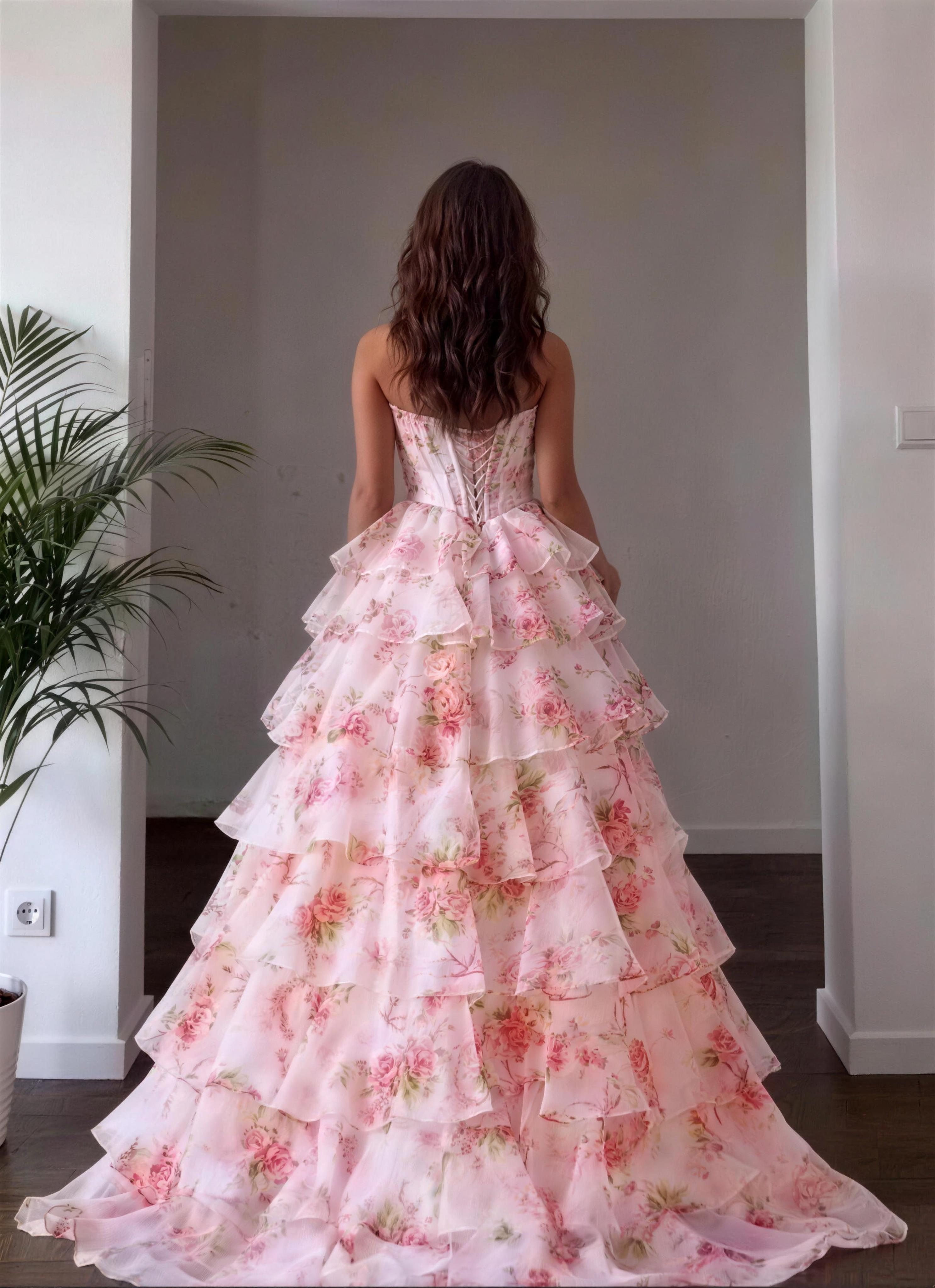 Fiona Print Strapless Split Puff Maxi Dress In Pink