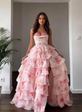Fiona Print Strapless Split Puff Maxi Dress In Pink