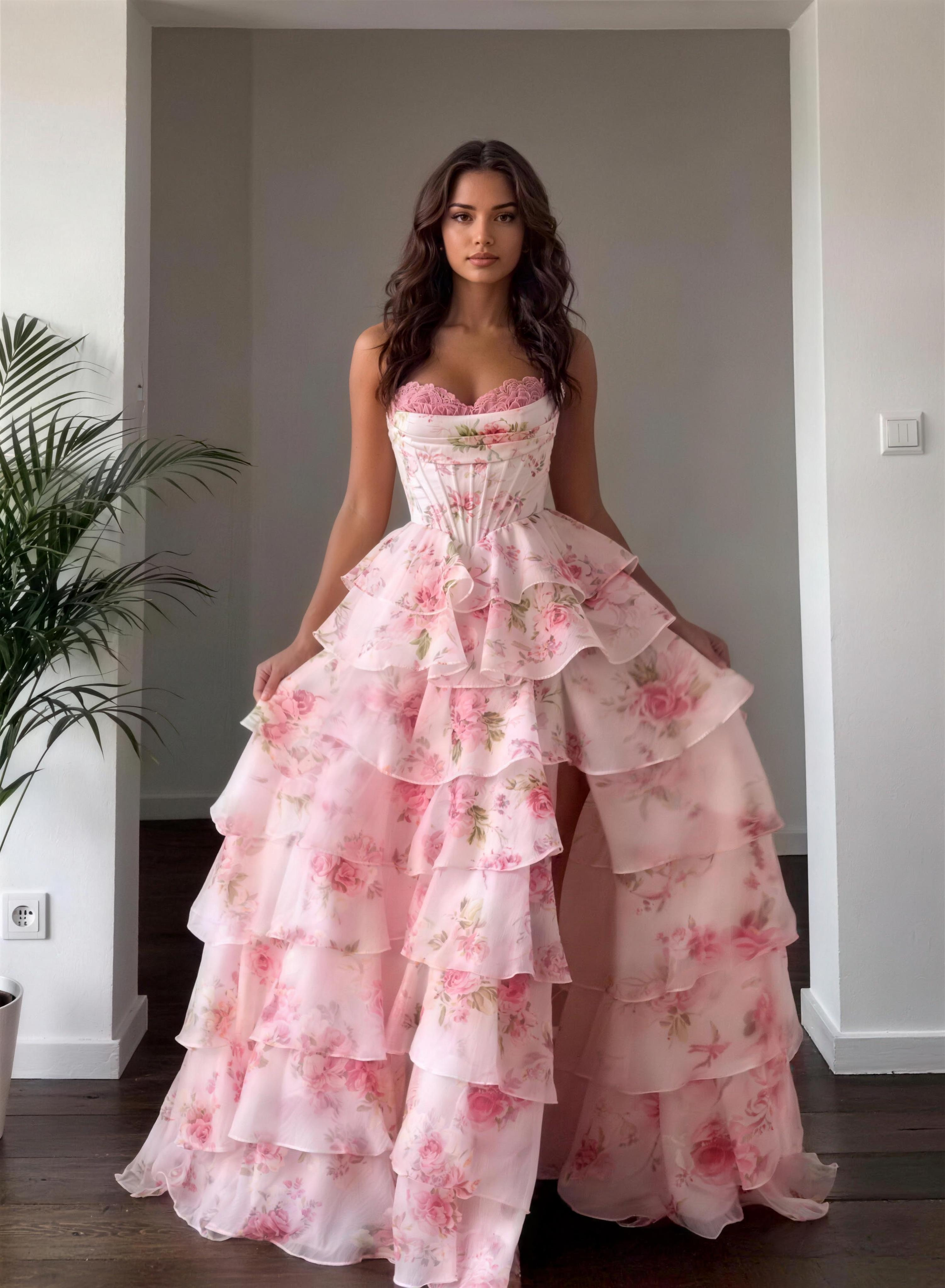 Fiona Print Strapless Split Puff Maxi Dress In Pink