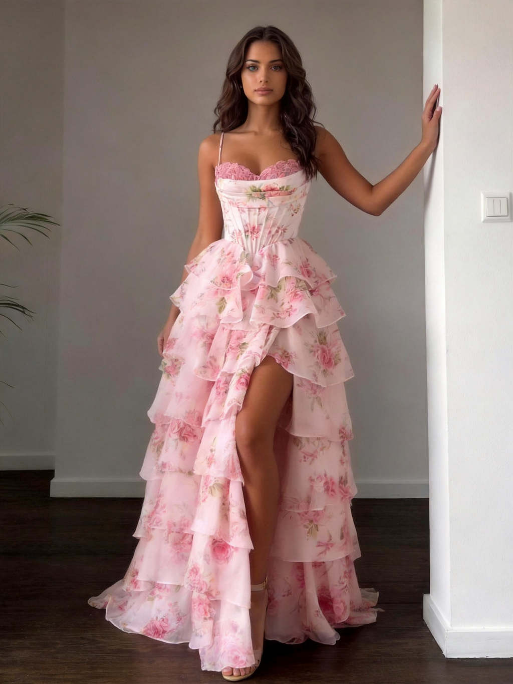 Fiona Print Strapless Split Puff Maxi Dress In Pink
