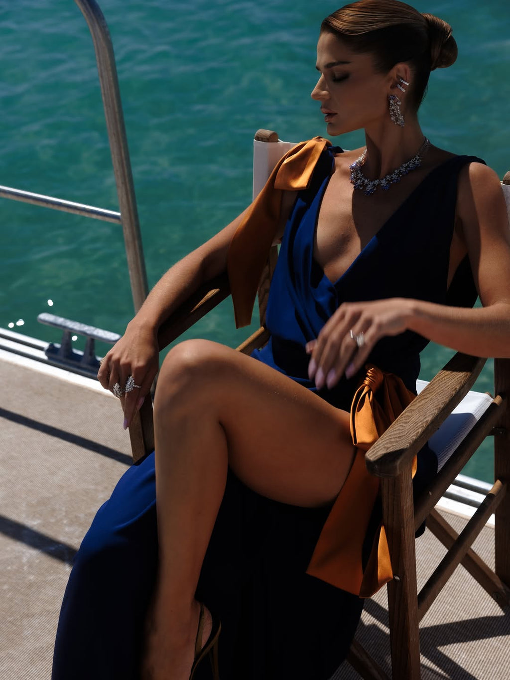 Zuri Navy-Orange Bow Maxi Gown