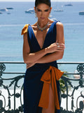 Zuri Navy-Orange Bow Maxi Gown